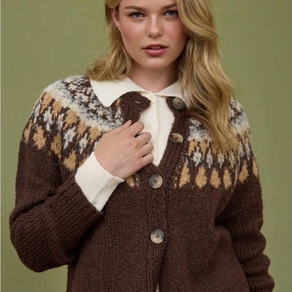 FAIR ISLE PATTERN LONG SLEEVE KNIT CARDIGAN - Picture 1 of 7